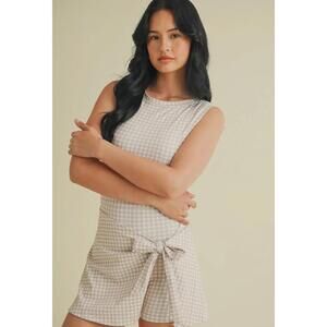 Gingham Beige Print Sleeveless Wrap Tie Front Dress